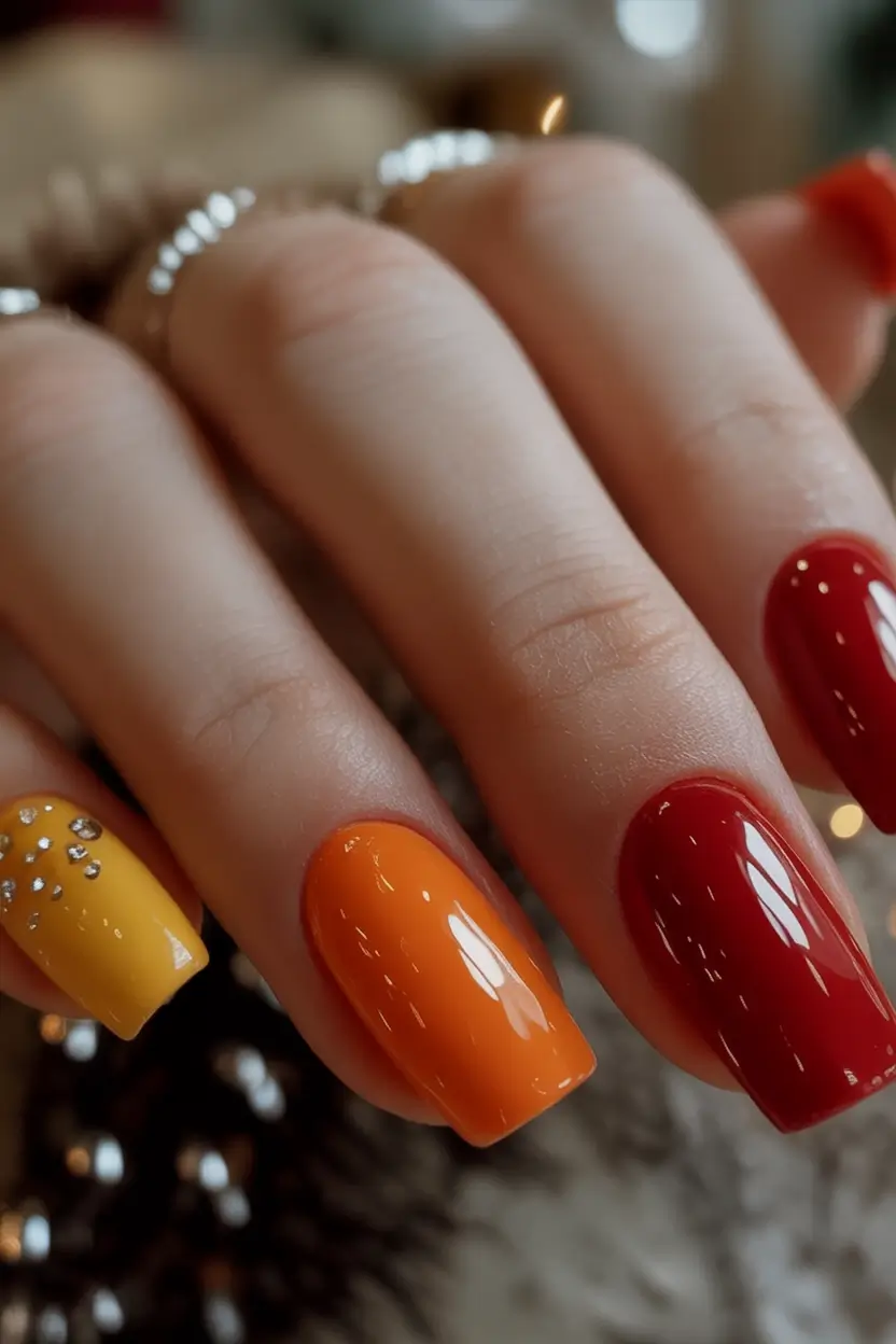 minimalist fall nails 2025 Sunset Brights with Rhinestone Accent