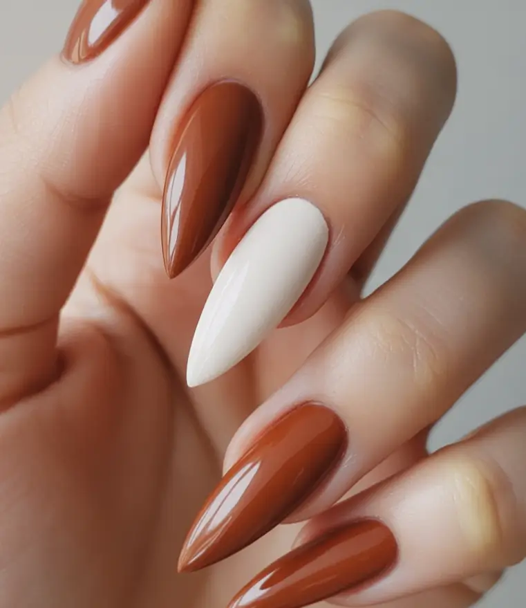 minimalist fall nails 2025 Burnt Cinnamon Elegance with Almond Tips