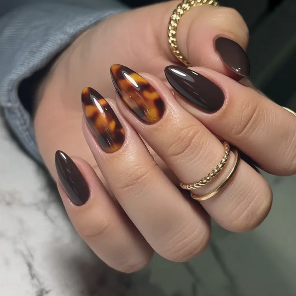 minimalist fall nails 2025 Deep Cocoa Meets Glossy Tortoiseshell