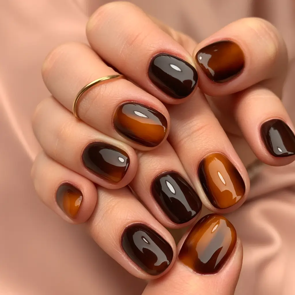 minimalist fall nails 2025 Dark Tortoise Illusion with Rounded Tips