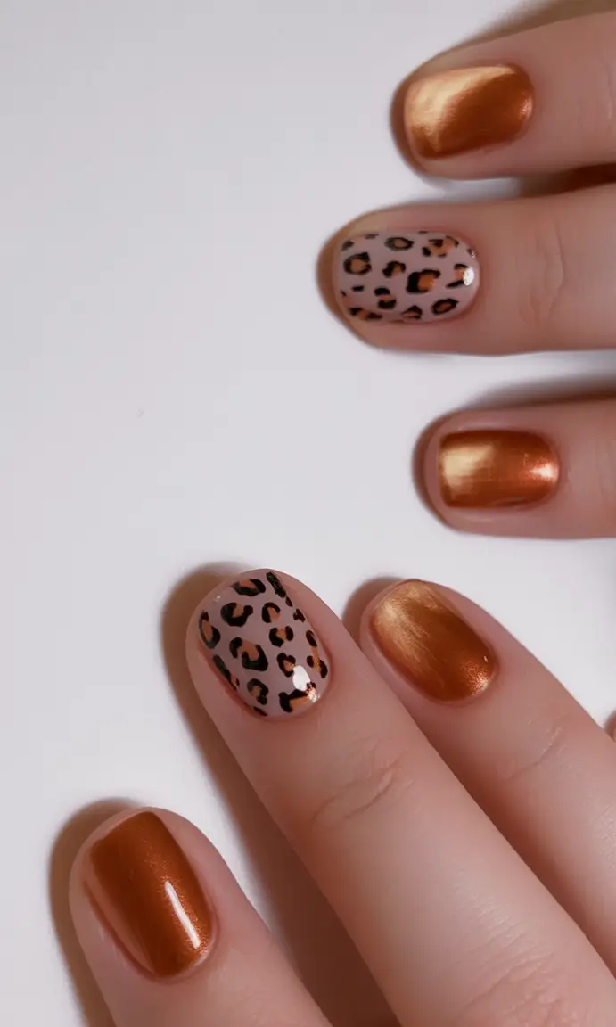 minimalist fall nails 2025 Leopard Pop with Metallic Copper