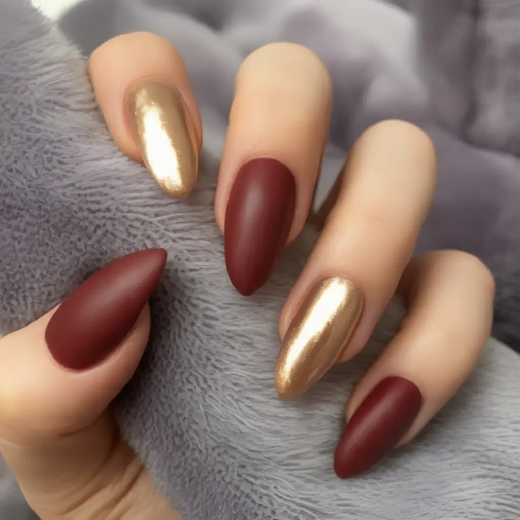 minimalist fall nails 2025 Matte Mulberry and Metallic Gold Drama