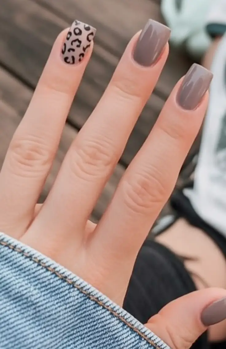 minimalist fall nails 2025 Muted Taupe with Leopard Accent
