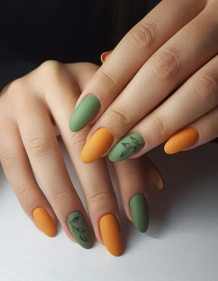 minimalist fall nails 2025 Matte Olive and Mustard With Leafy Detail