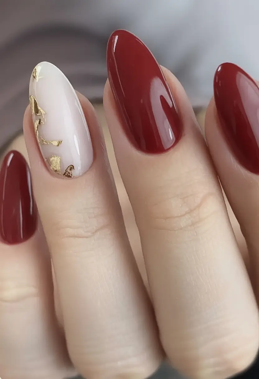 minimalist fall nails 2025 Crimson Gloss with Gilded Accent