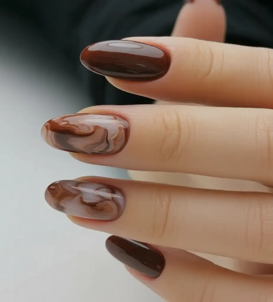 minimalist fall nails 2025 Chocolate Marble with a Creamy Twist