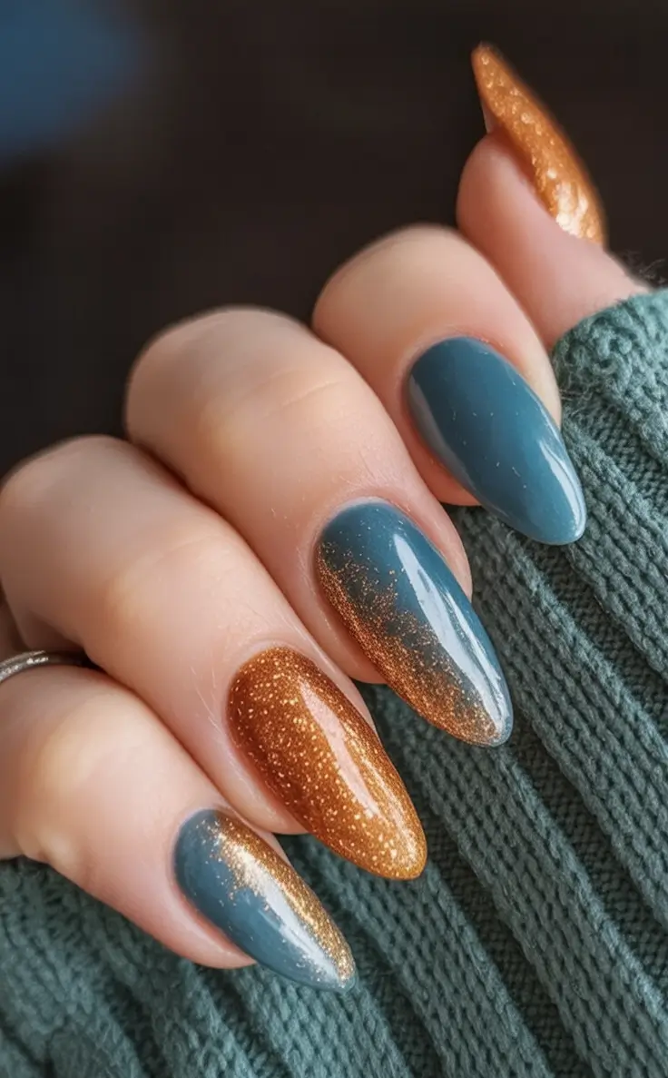 minimalist fall nails 2025 Teal and Bronze Glitter Fade