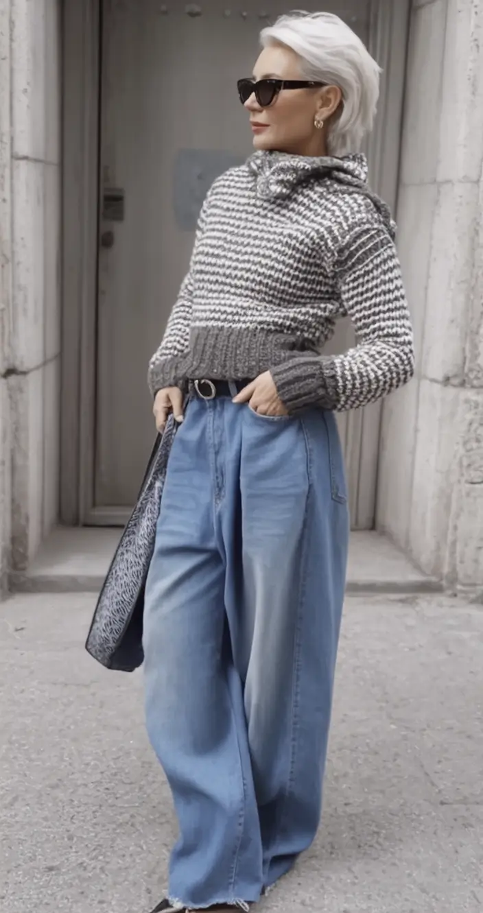 On-Trend Fall outfits Ideas 2025 Chunky Knit Meets Oversized Denim Cool
