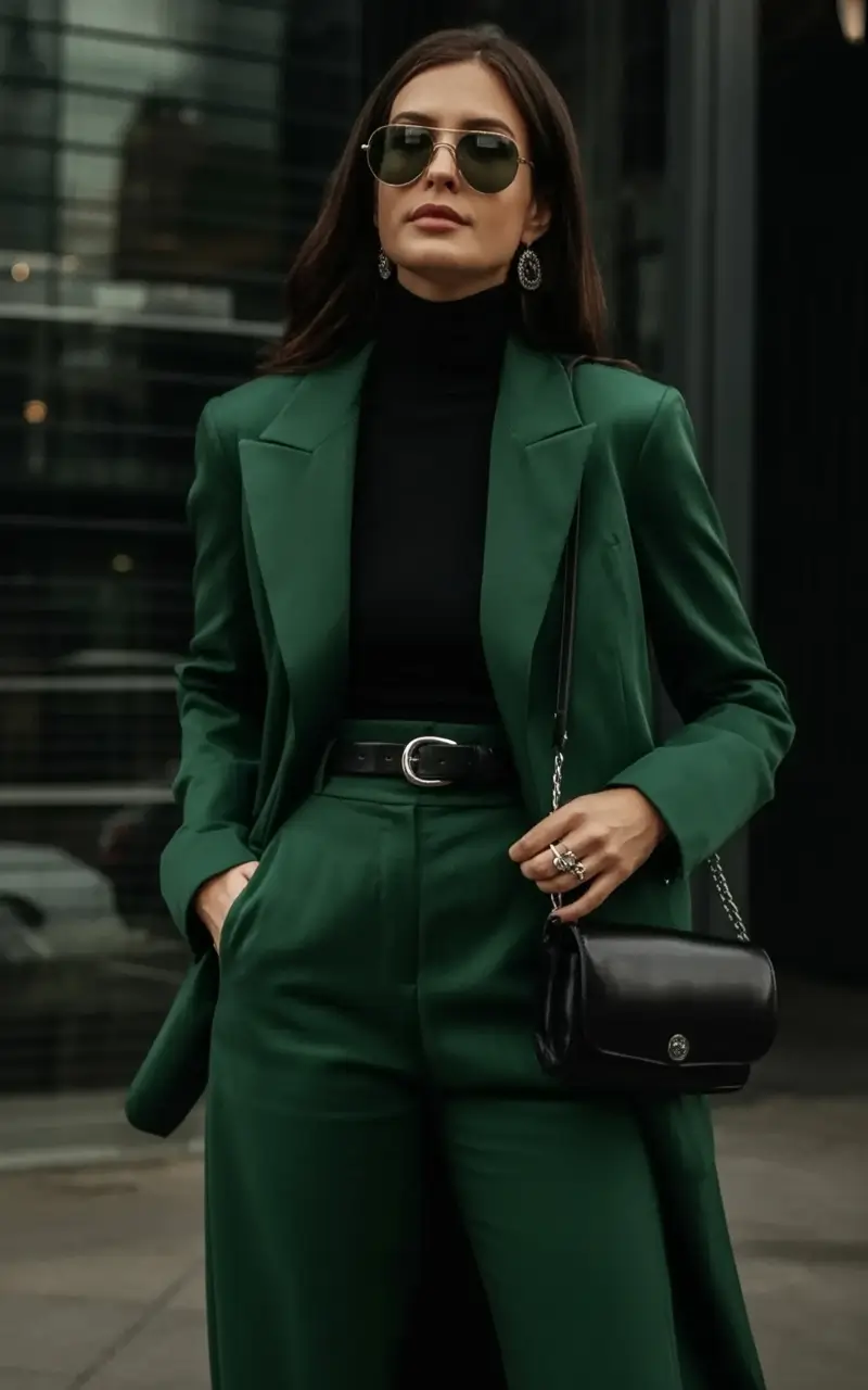 On-Trend Fall outfits Ideas 2025 Emerald Power Suit With a Blackout Base