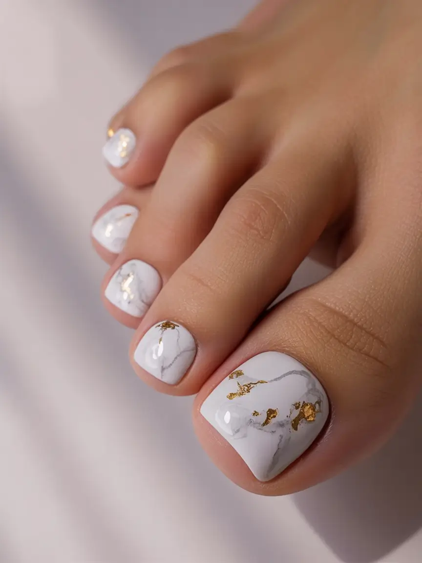 Pretty Toe Nail Ideas for September 2025 White Marble Elegance