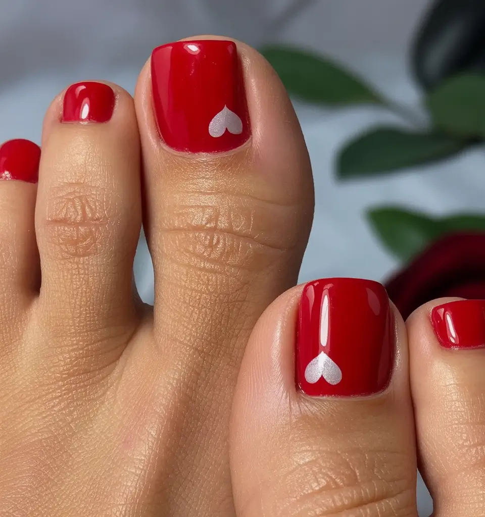 Pretty Toe Nail Ideas for September 2025 Glossy Red with a Heartbeat