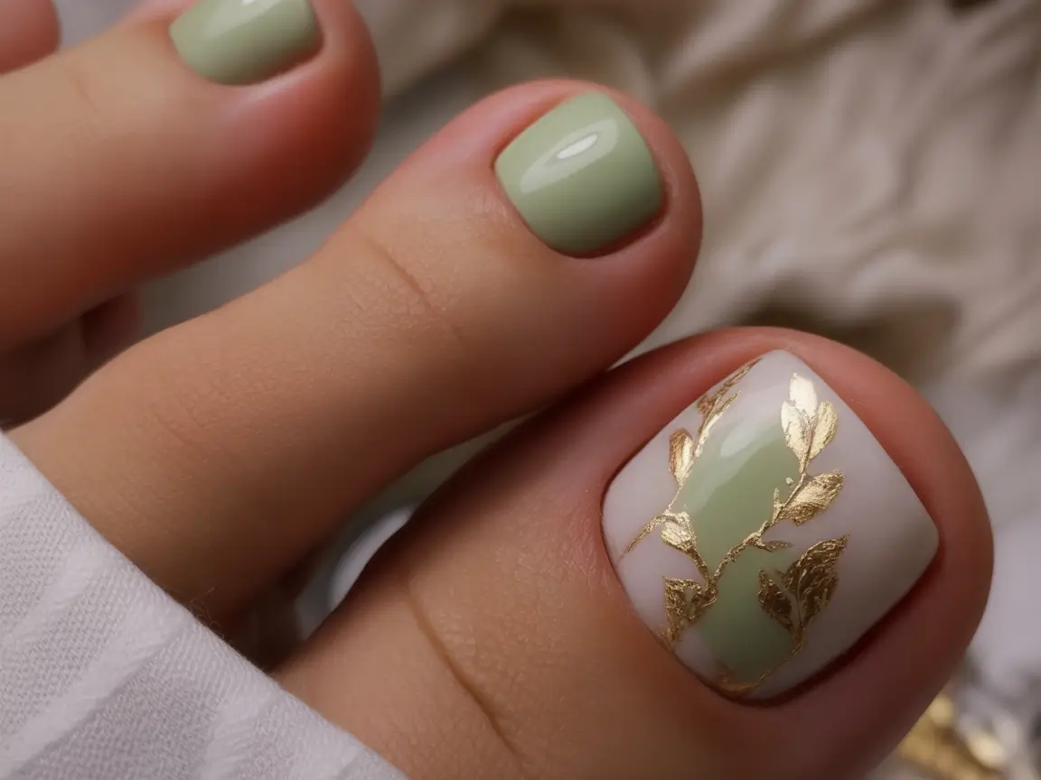 Pretty Toe Nail Ideas for September 2025 Golden Olive Leaves on Soft Sage
