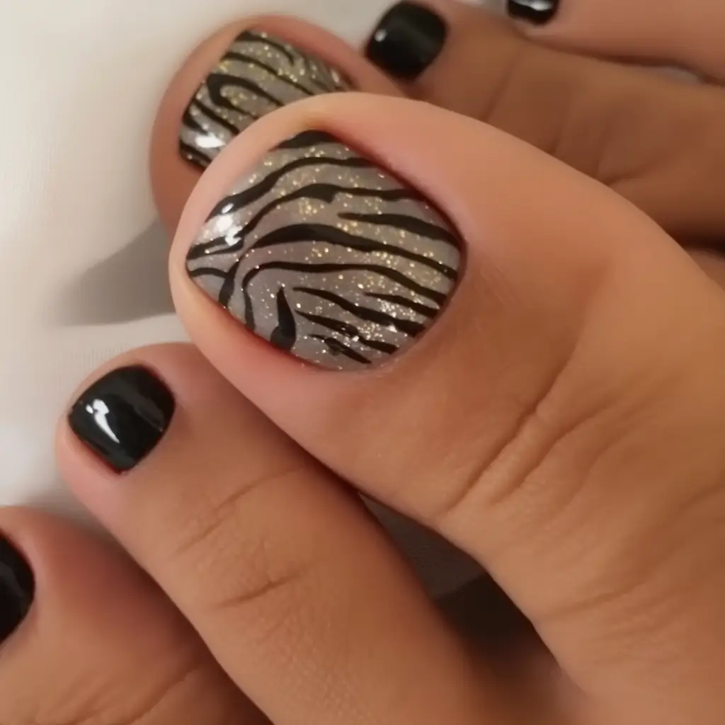 Pretty Toe Nail Ideas for September 2025 Zebra Sparkle Drama