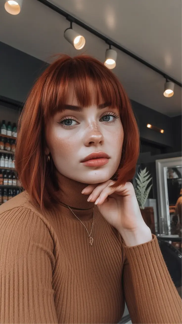 Fall Hair Color Trends for September 2025 Short Auburn Bob with Full Fringe