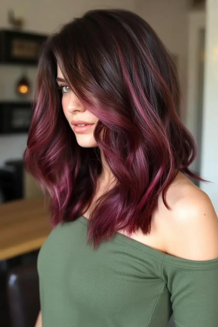 Fall Hair Color Trends for September 2025 Plum Wine Balayage with Voluminous Mid-Lengths