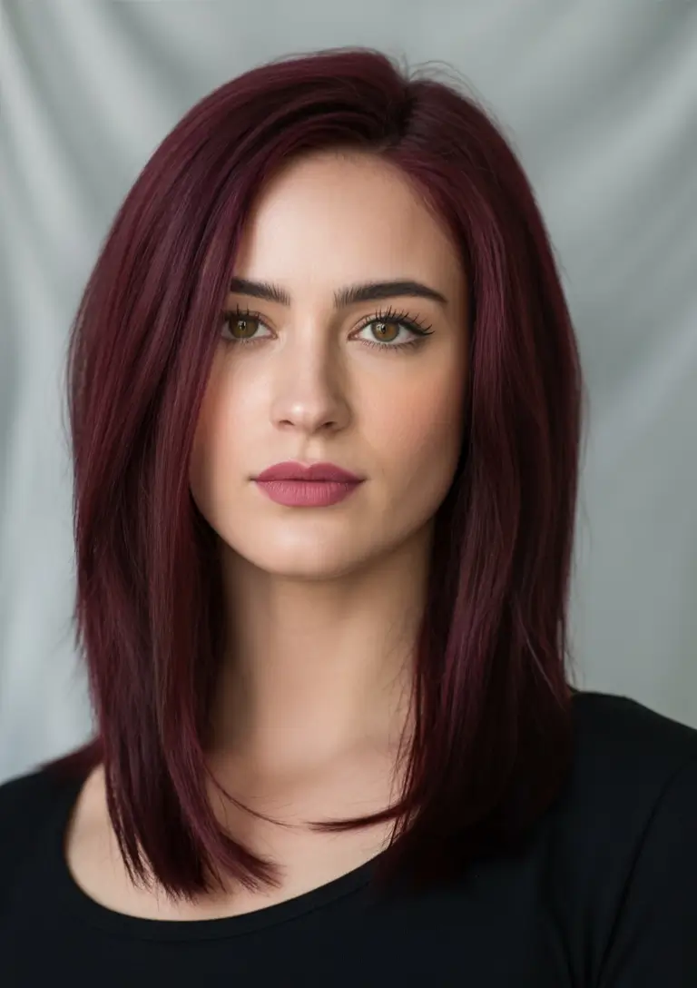 Fall Hair Color Trends for September 2025 Mulberry Plum Straight with Bold Simplicity