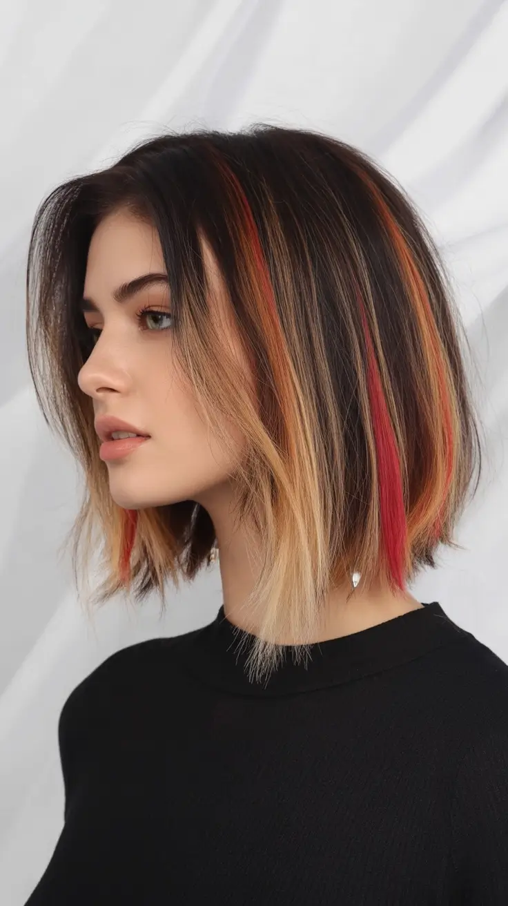 Fall Hair Color Trends for September 2025 Painted Bob with Orange and Blonde Streaks