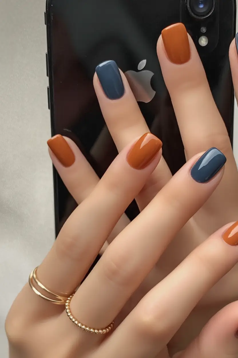 Simple Fall Nails Inspiration 2025 Terracotta & Slate Blue Balance