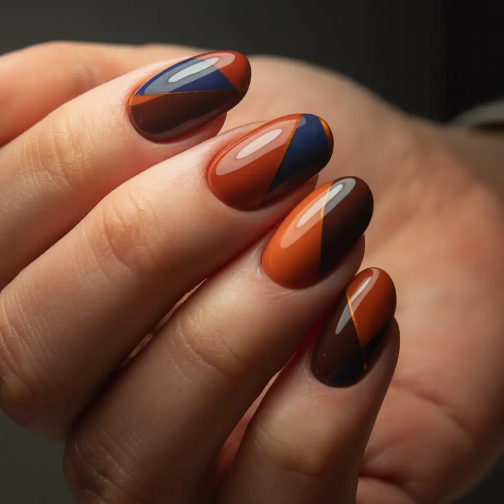 Simple Fall Nails Inspiration 2025 Almond Geometry in Burnt Tones