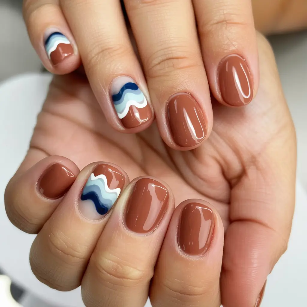 Simple Fall Nails Inspiration 2025 Wavy Contrast on Square Cocoa