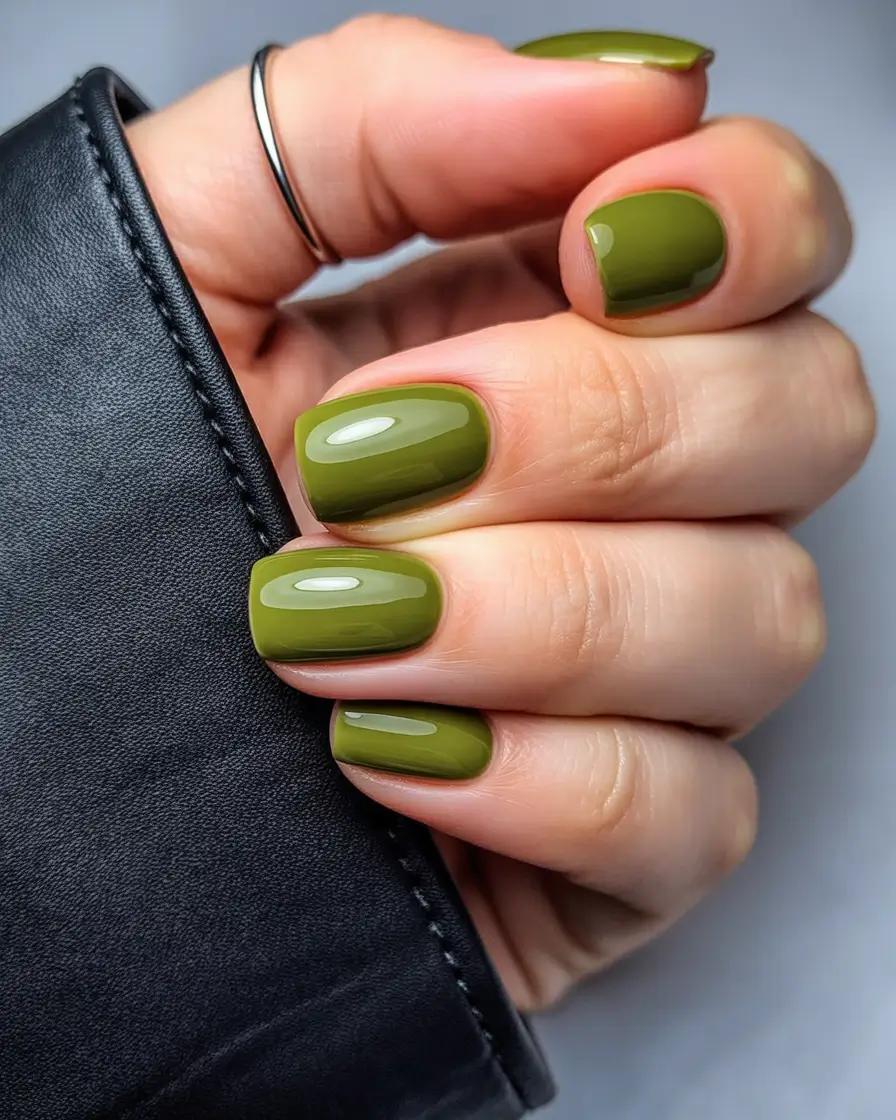 Simple Fall Nails Inspiration 2025 Olive Green Short Nails with a Glossy Finish