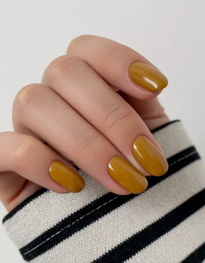 Simple Fall Nails Inspiration 2025 Harvest Mustard on Oval Tips