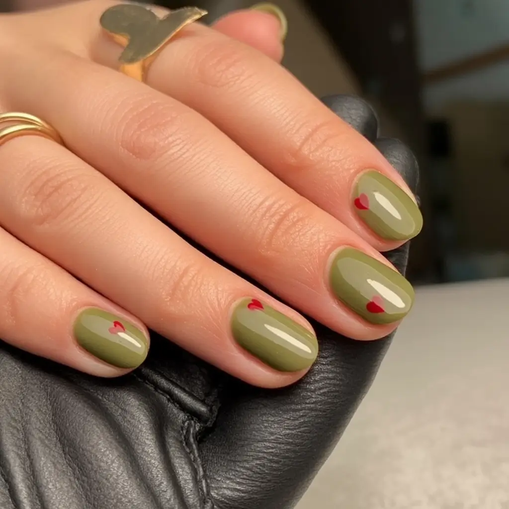 Simple Fall Nails Inspiration 2025 Olive Hearts for Cozy Days