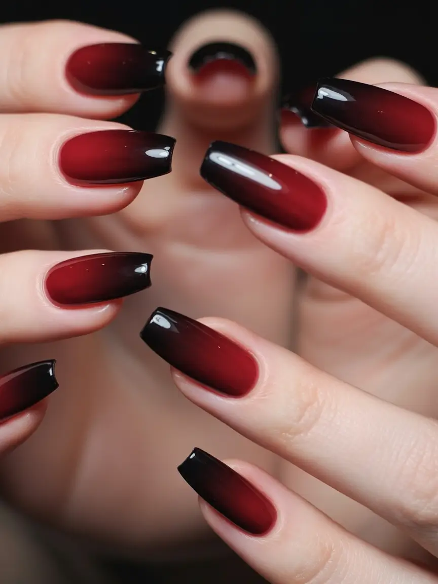 Simple Fall Nails Inspiration 2025 Wine Fade with Glossy Drama