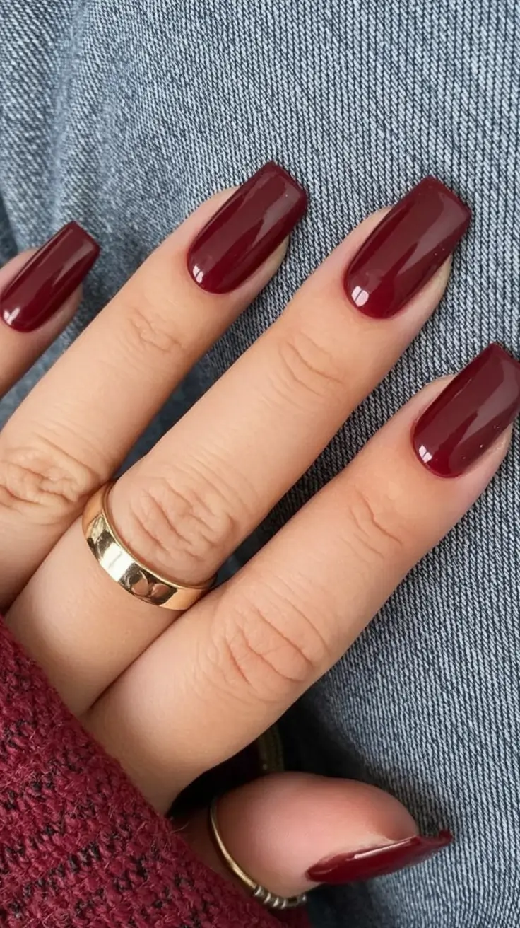 Simple Fall Nails Inspiration 2025 Glossy Burgundy for Crisp Fall Evenings
