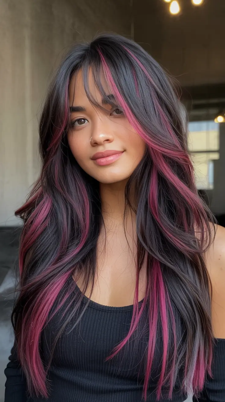 Top Burgundy Hair Color Looks for Autumn 2025 Bold Burgundy Layers with Pink-Purple Highlights