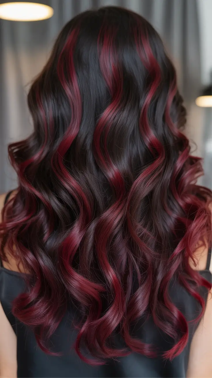 Top Burgundy Hair Color Looks for Autumn 2025 Glossy Brunette Base with Burgundy Veins