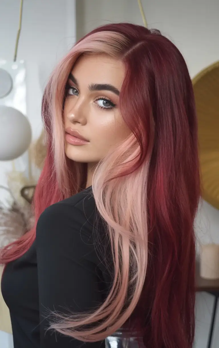 Top Burgundy Hair Color Looks for Autumn 2025 Two-Toned Burgundy and Baby Blonde