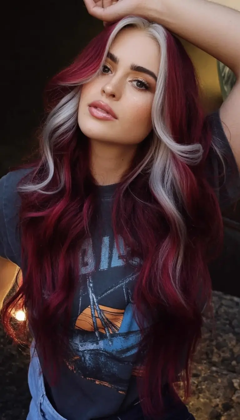 Top Burgundy Hair Color Looks for Autumn 2025 Red Wine Curls with Bold Platinum Front