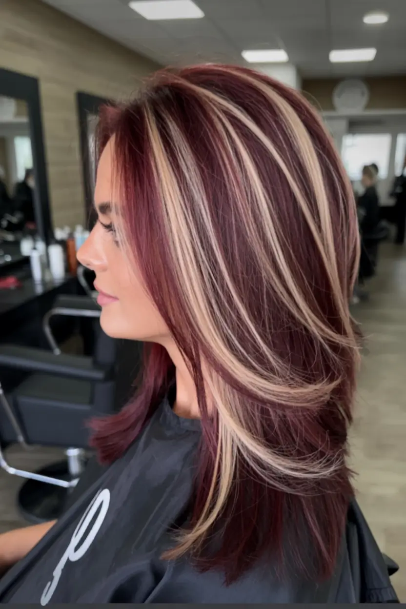 Top Burgundy Hair Color Looks for Autumn 2025 Chunky Blonde Highlights in Burgundy Base