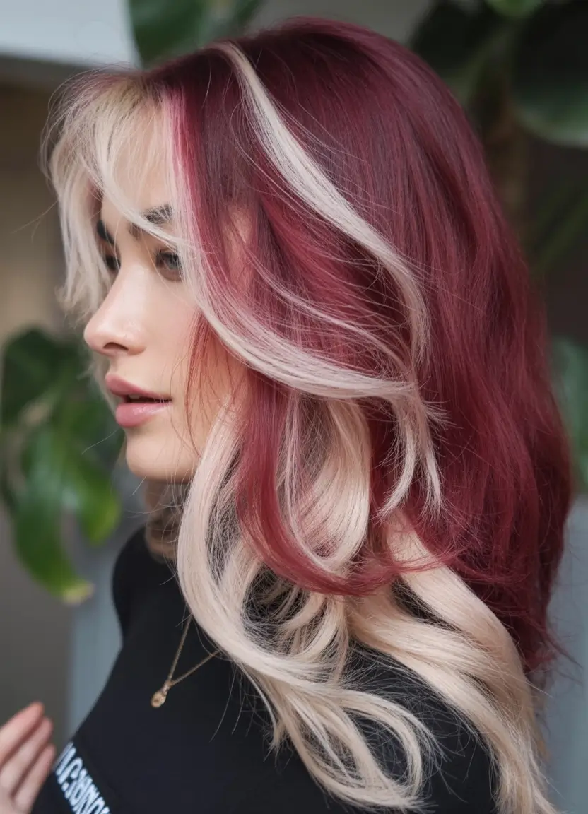 Top Burgundy Hair Color Looks for Autumn 2025 Burgundy with Icy Blonde Curtain Stripes