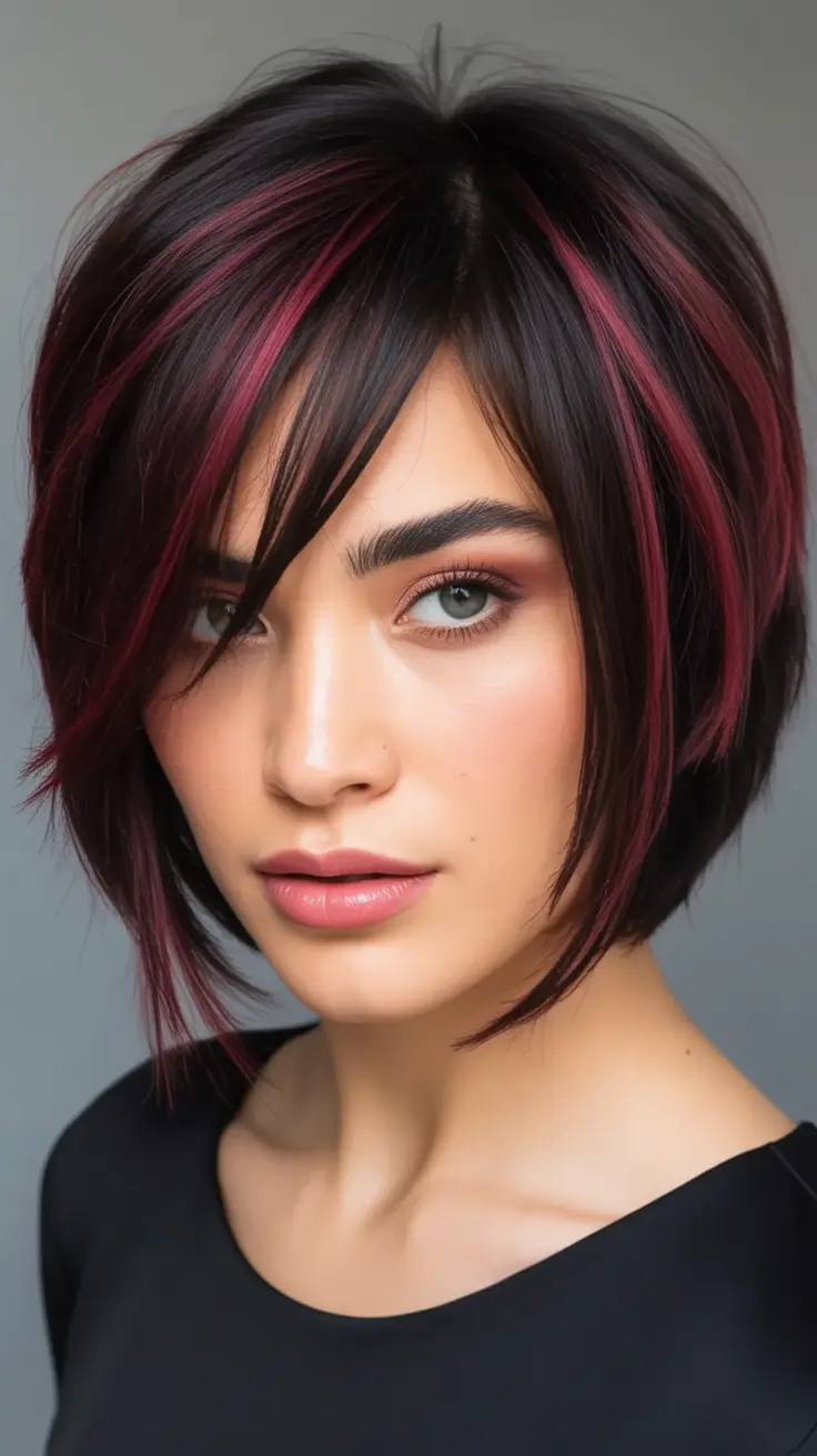 Top Burgundy Hair Color Looks for Autumn 2025 Short Burgundy Bob with Fuchsia Highlights