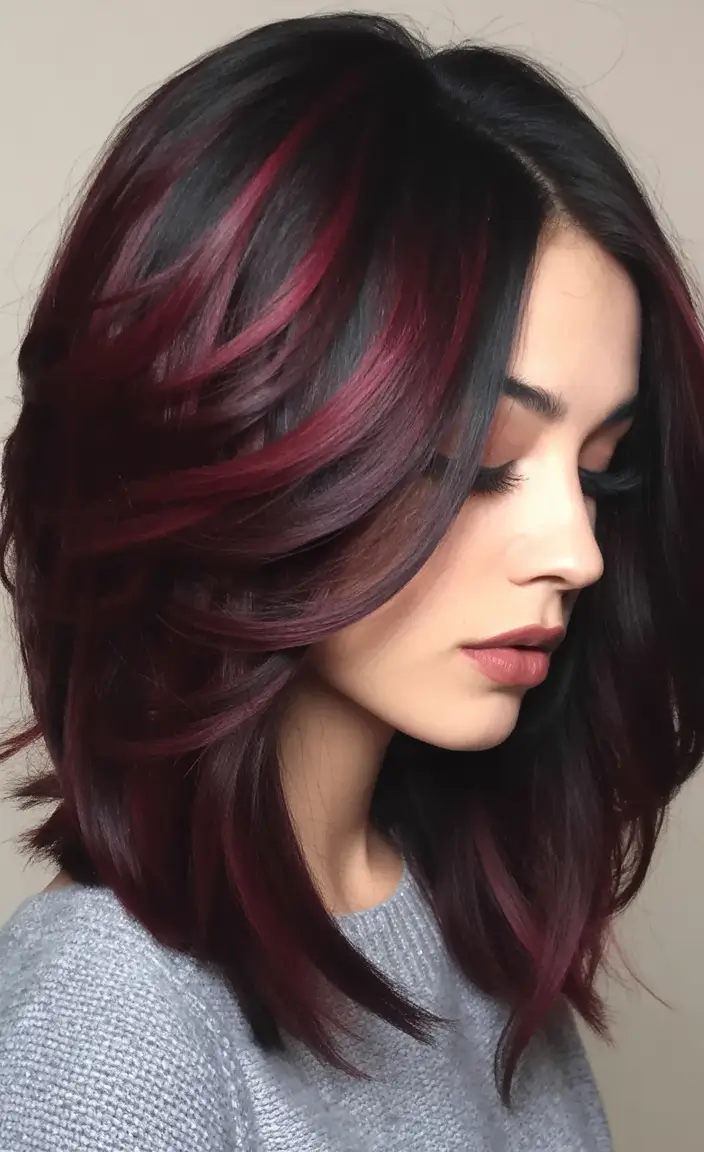 Top Burgundy Hair Color Looks for Autumn 2025 Voluminous Burgundy Blowout with Dark Purple Layers