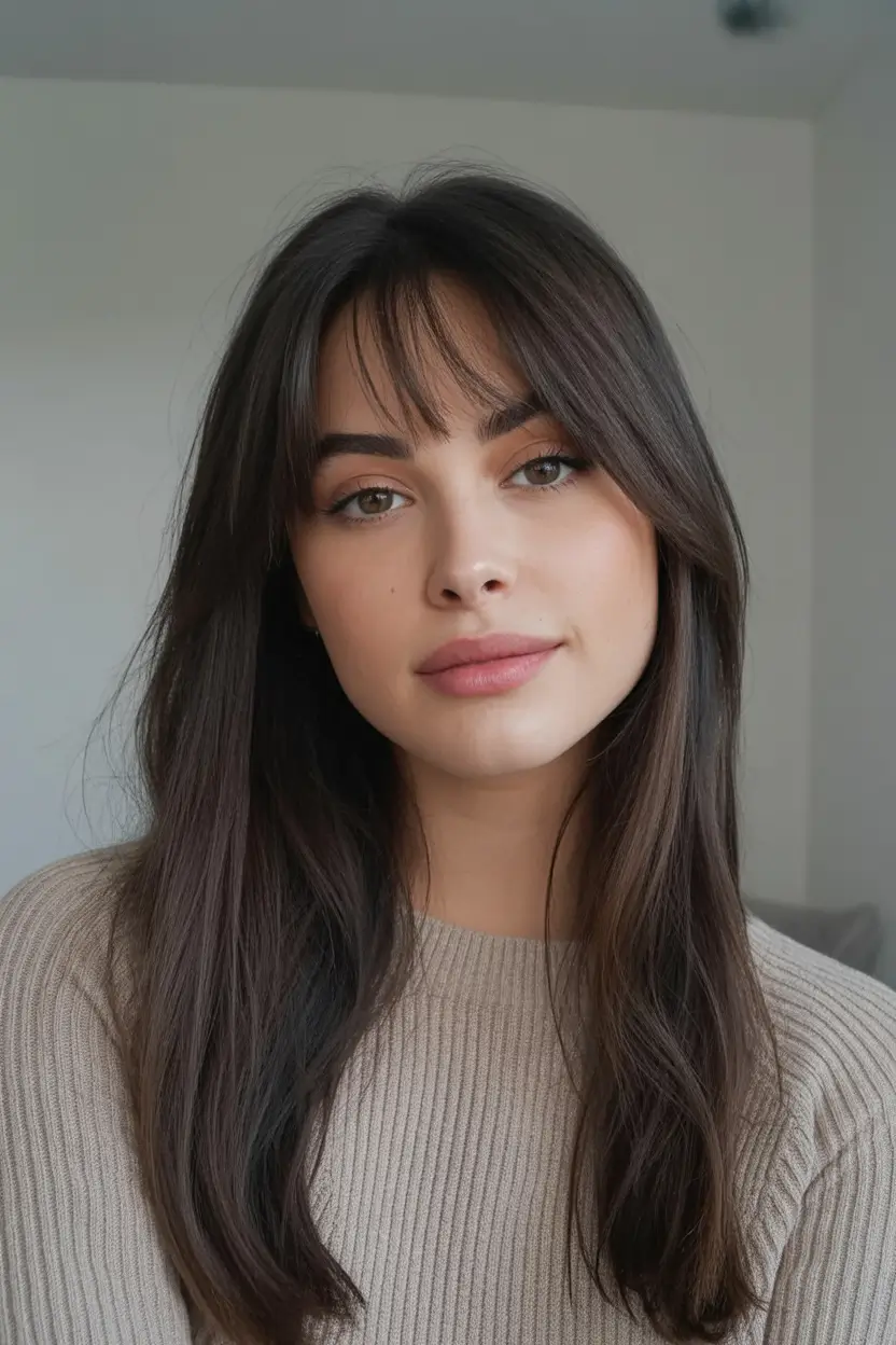 Top Fall 2025 Hair Colors for Cool Skin Soft Brown Layers With Wispy Fringe