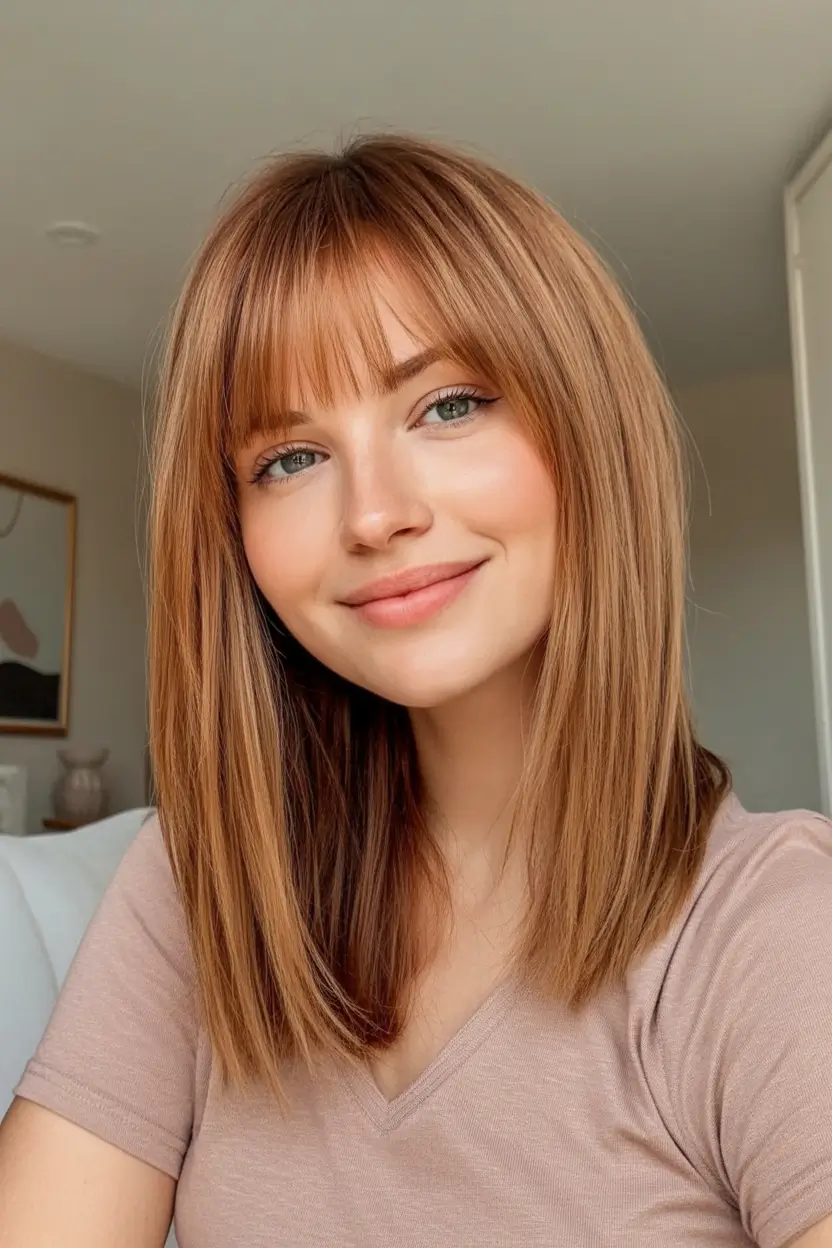 Top Fall 2025 Hair Colors for Cool Skin Spiced Copper Lob With Full Fringe