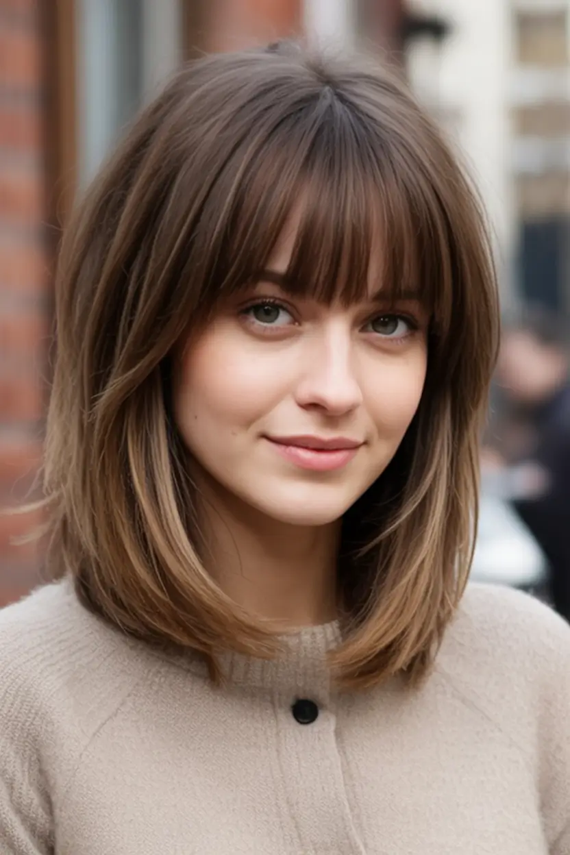 Top Fall 2025 Hair Colors for Cool Skin Soft Cocoa Layers With Classic Fringe