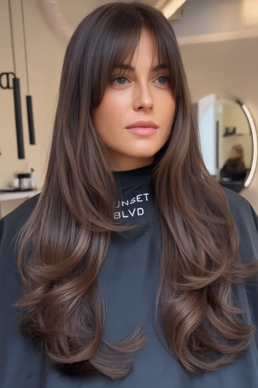 Top Fall 2025 Hair Colors for Cool Skin Dark Chocolate Cascade With Face-Framing Layers