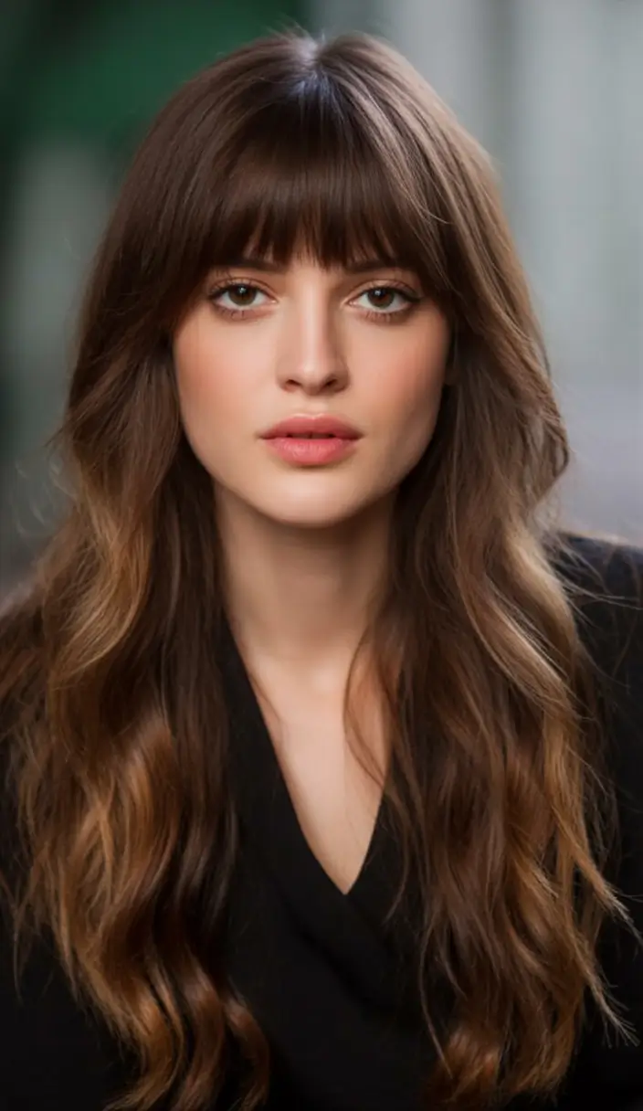 Top Fall 2025 Hair Colors for Cool Skin Soft Cocoa Waves with Neutral Bangs