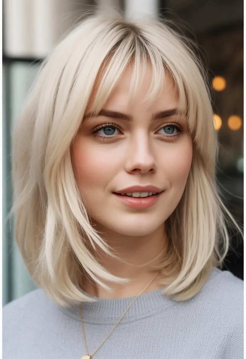 Top Fall 2025 Hair Colors for Cool Skin Icy Blonde Bob With Feathered Bangs