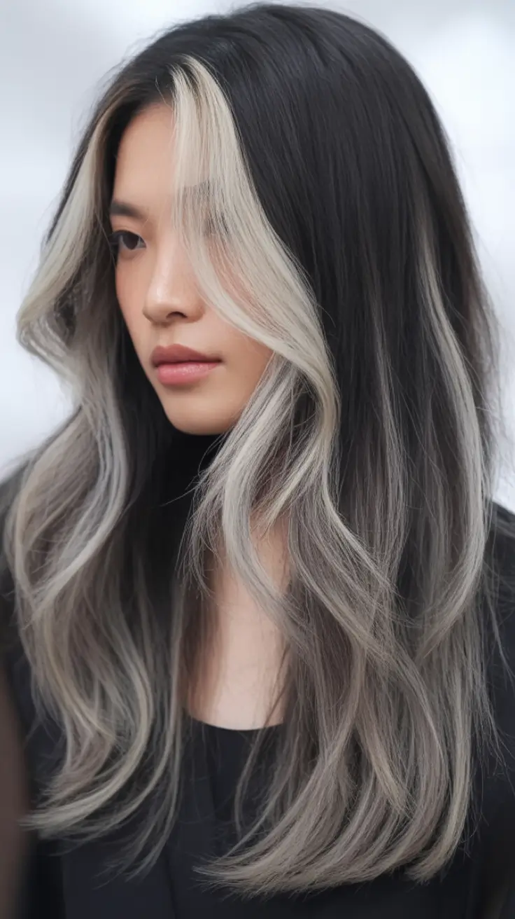 Top Hair Colors to Try This autumn 2025 Silver Money Pieces Framing Black Layers