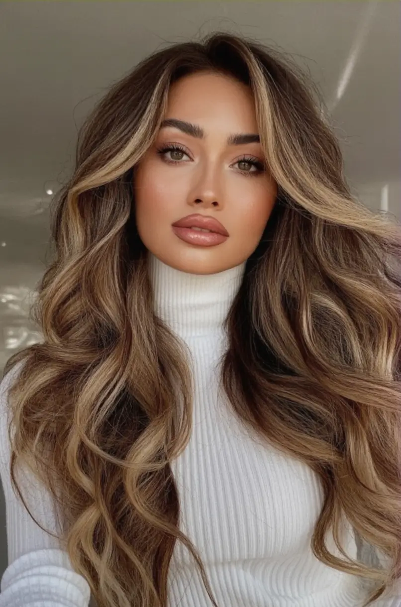 Top Hair Colors to Try This autumn 2025 Honeyed Chestnut Waves with Face-Framing Highlights