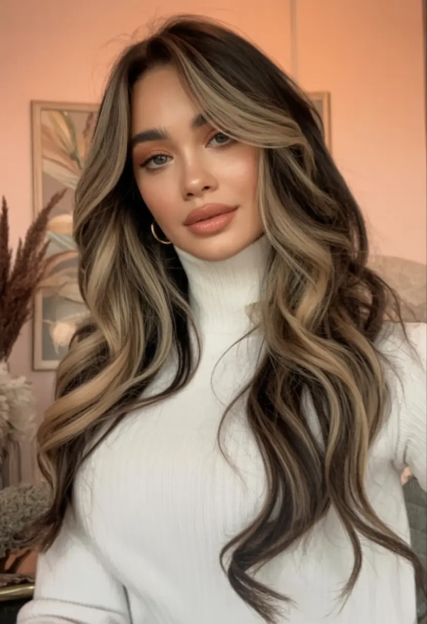 Top Hair Colors to Try This autumn 2025 Cool Brunette Base with Bold Champagne Ribbons