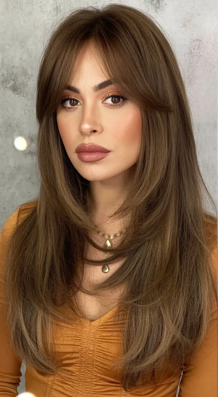 Top Hair Colors to Try This autumn 2025 Chestnut Layers with 90s Fluffy Curtain Bangs