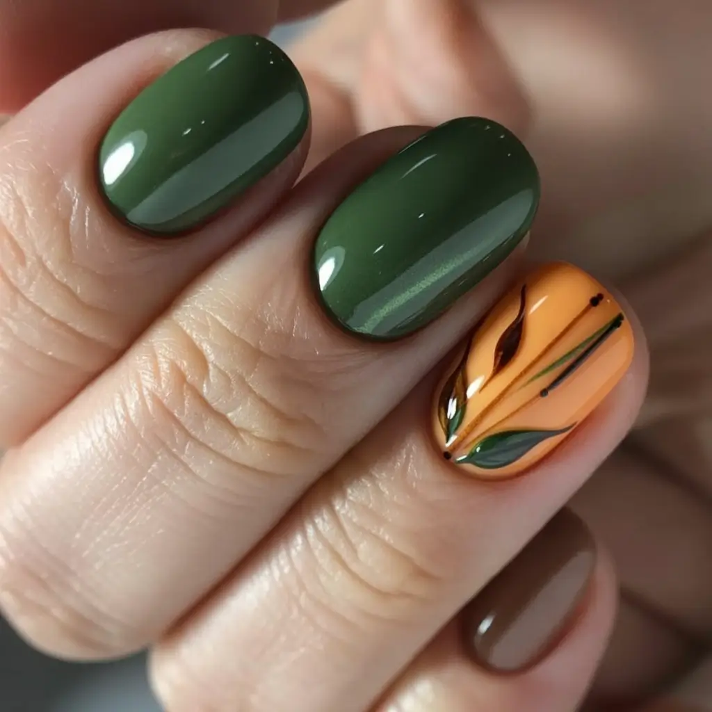 Trendy Fall Season Nails Designs Ideas 2025 Olive & Tangerine Nature Pop