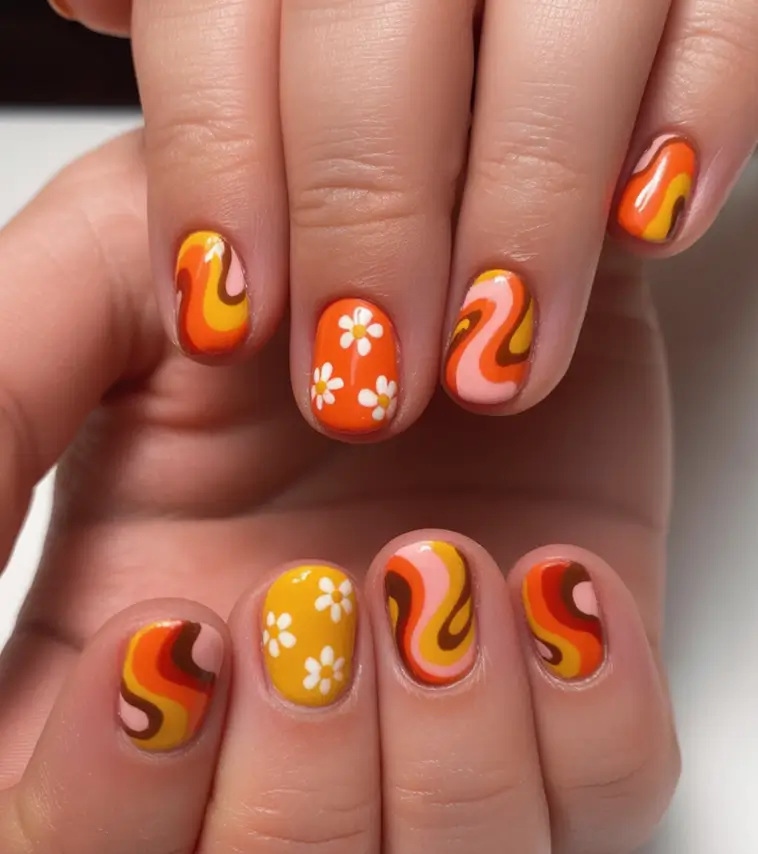 Trendy Fall Season Nails Designs Ideas 2025 Retro Daisies and Groovy Waves
