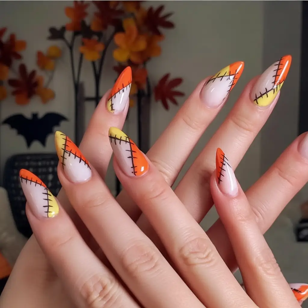 Trendy Fall Season Nails Designs Ideas 2025 Patchwork Halloween Stitch